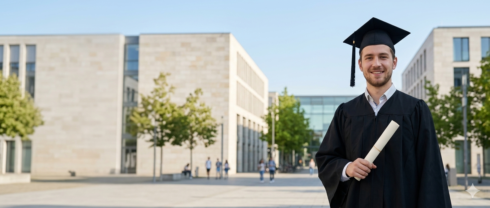 Happy graduate holding degree on a European university campus